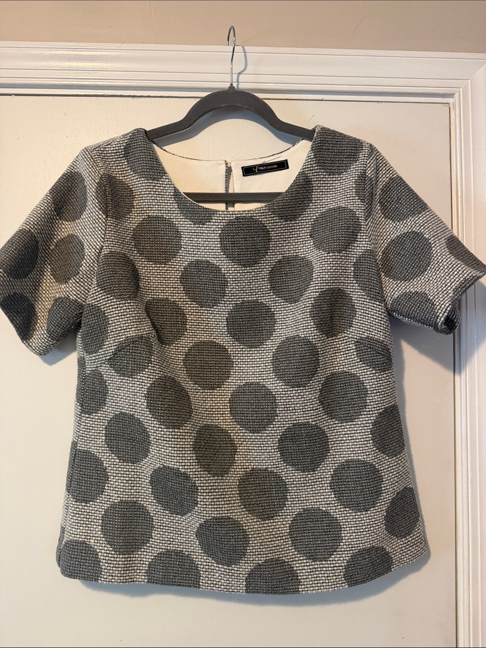 Yaly Couture handcrafted  Gray & Charcoal Polka Dot Short Sleeve Top